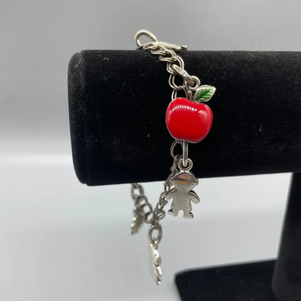 Vintage School Teacher Charm Bracelet Silver Tone Enameled Apple Bus Books 7.5in